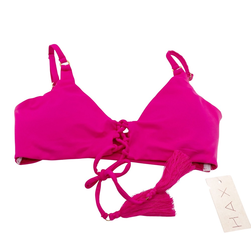 Phax Women's Hot Pink Lace Up Tassel Bikini Swim Top Size Small